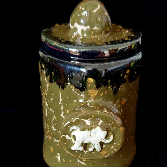 Handmade Small Ceramic Stash Jar with Elephant in Crackled Army Green Glaze with - Picture 6 of 13